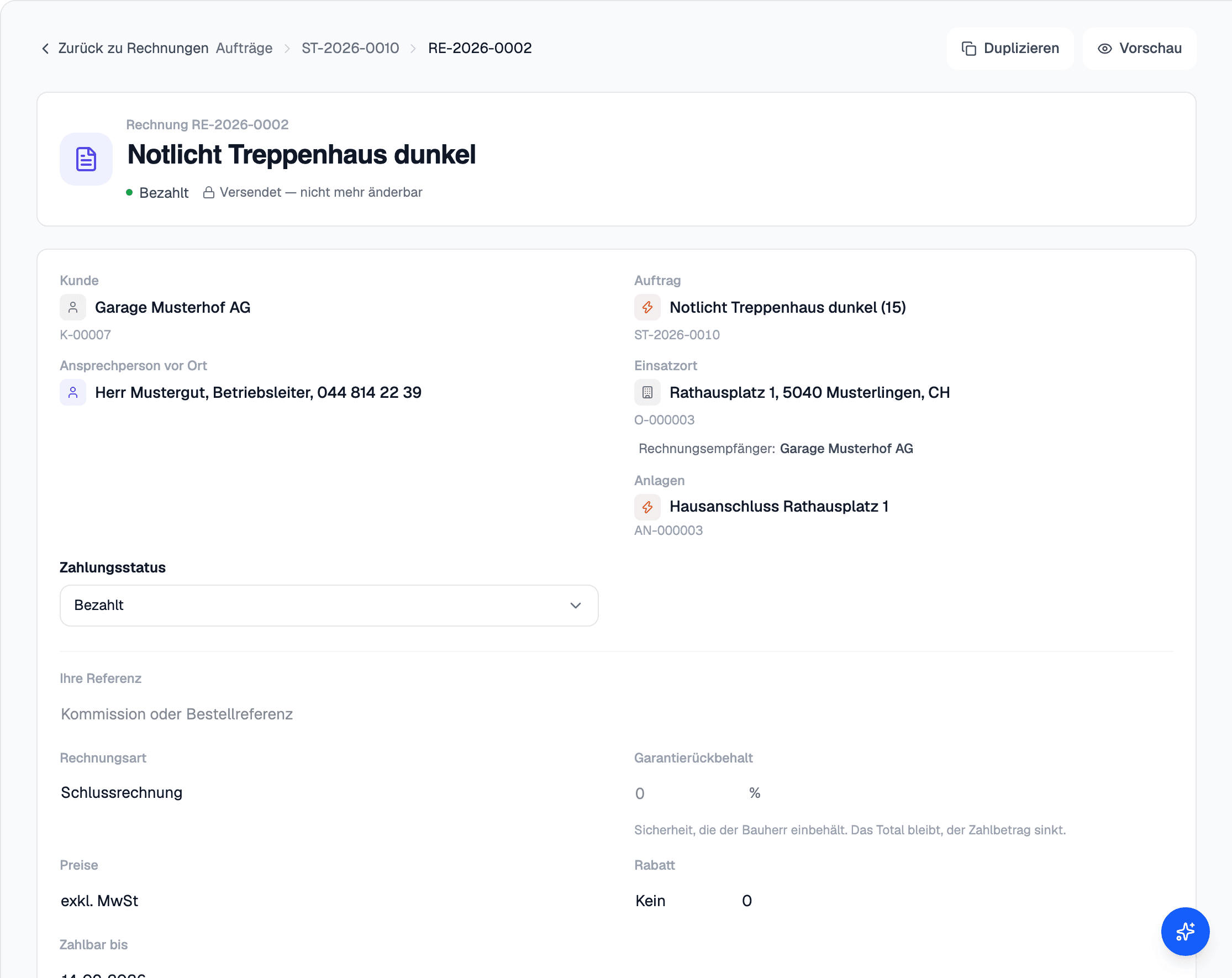 A final invoice with positions, payment status and guarantee retention.