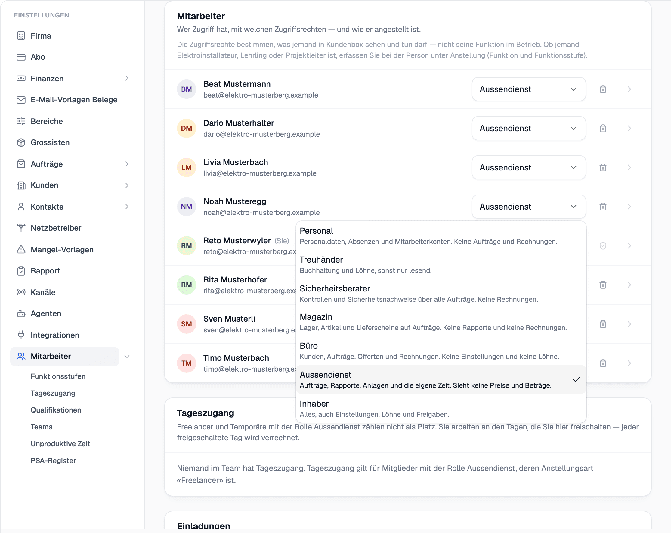 The employees of an electrical business in elektro.box, with the access rights menu open: what the owner, the office and the field team each see