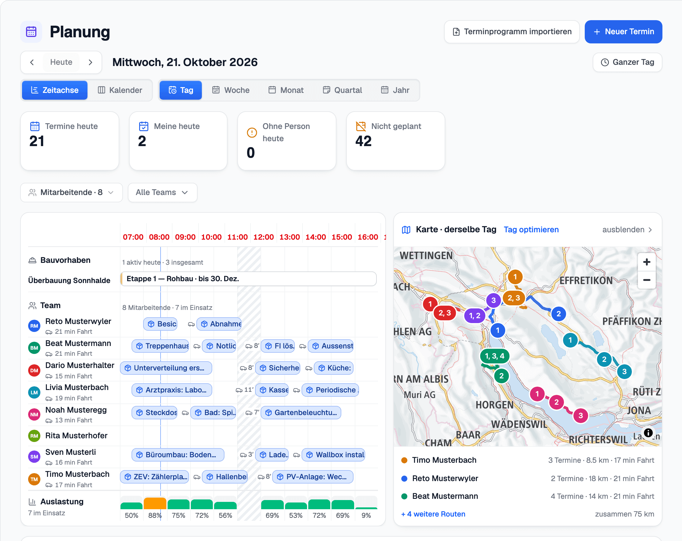 Planning in elektro.box: the crew on the timeline and the jobs on the map