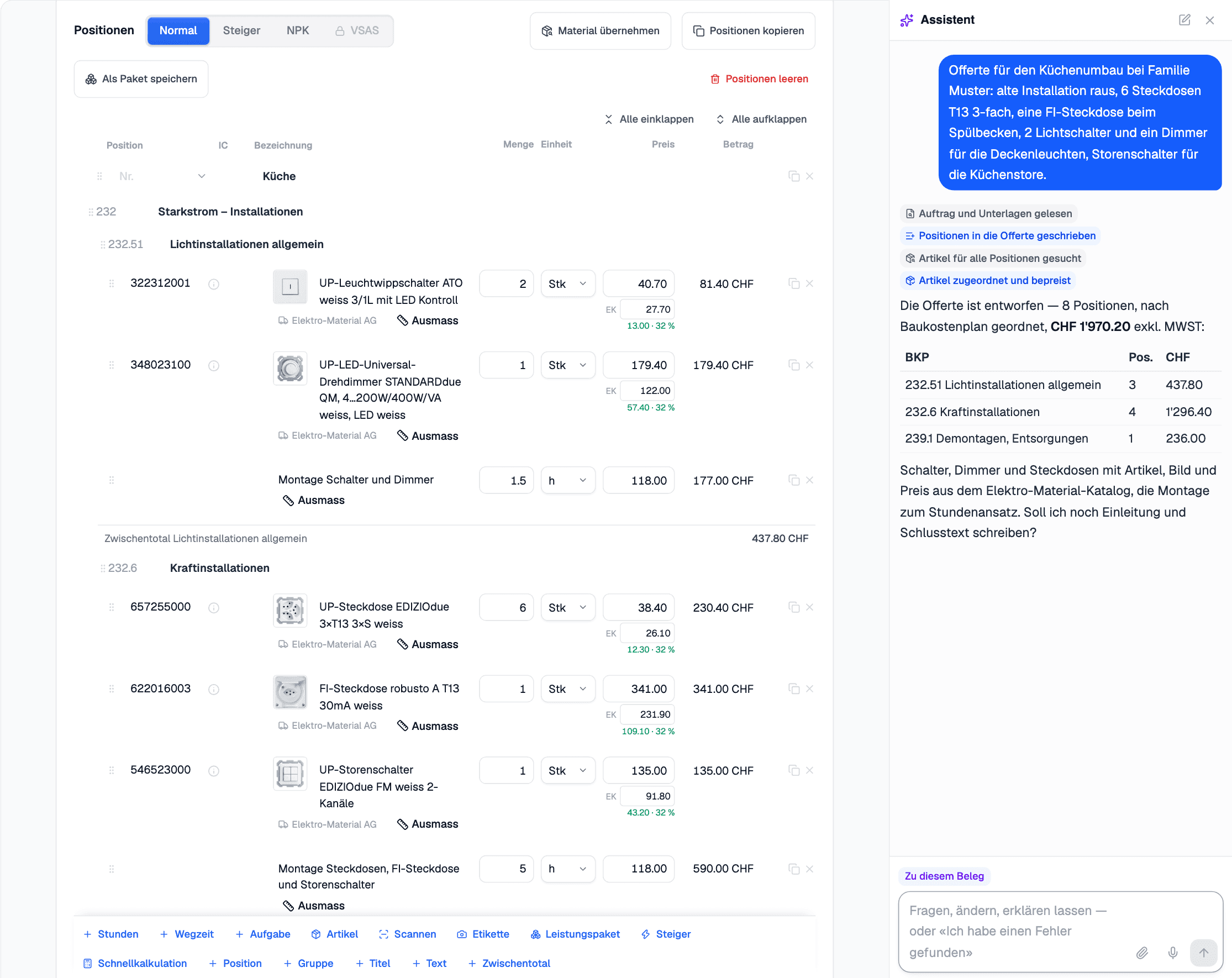 The assistant in elektro.box drafting a quote for a kitchen refit from one request: positions with wholesaler articles, quantities and prices