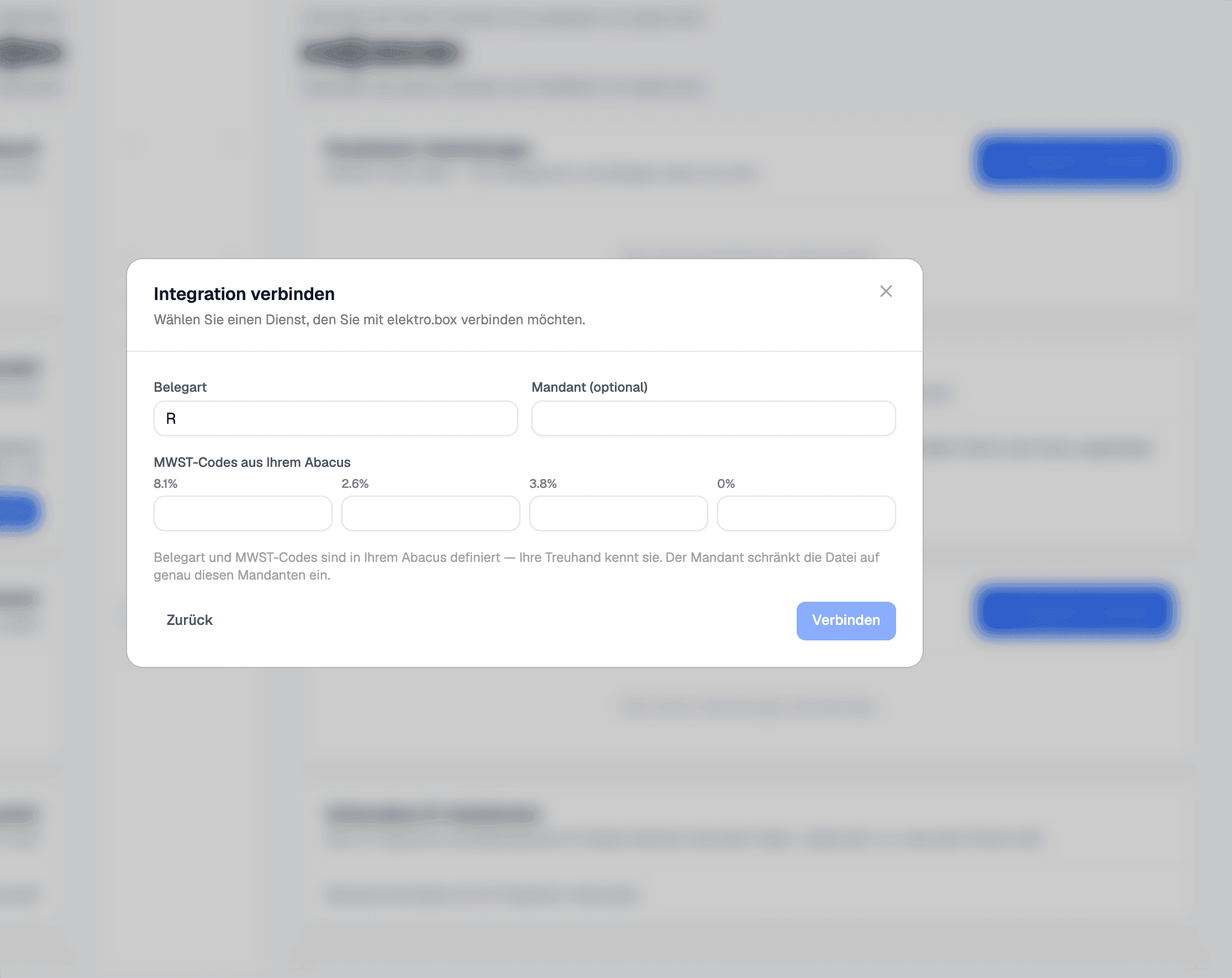 The Abacus settings in elektro.box, with document type and VAT codes