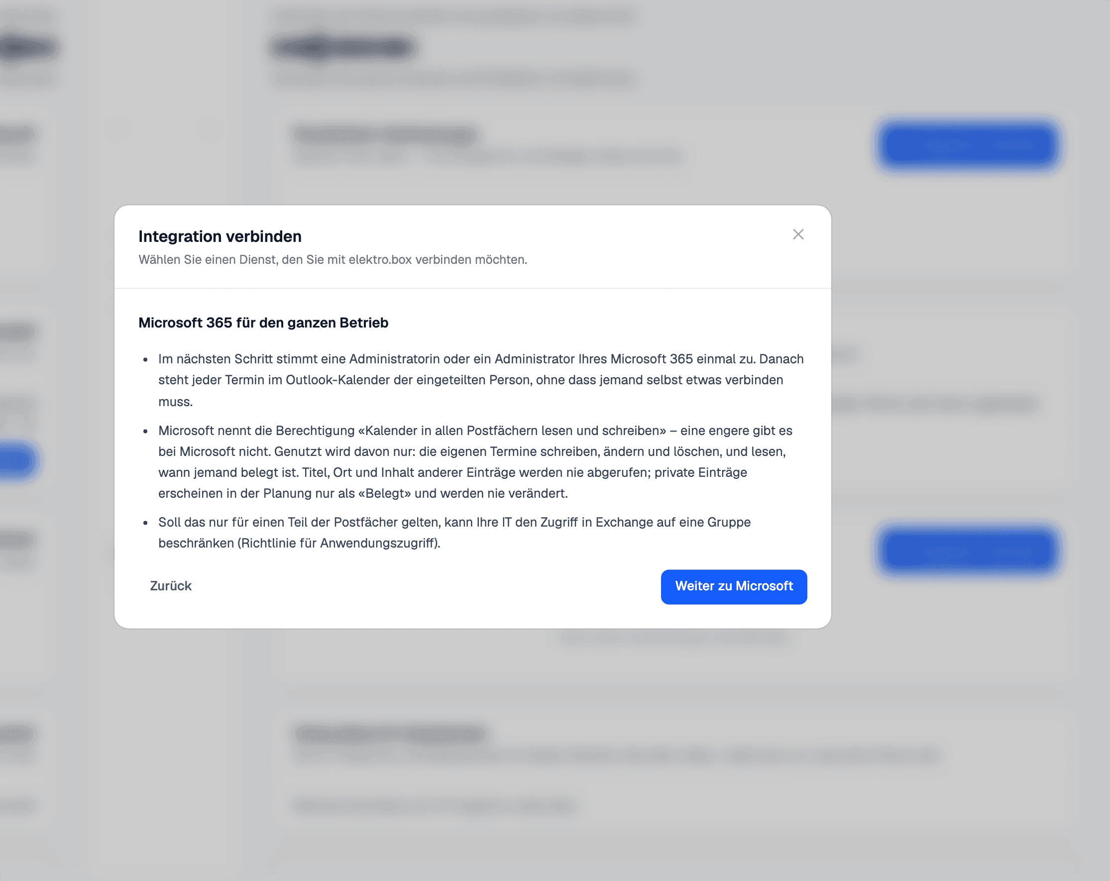 The «Microsoft 365 for the whole company» step in elektro.box, which also connects OneDrive