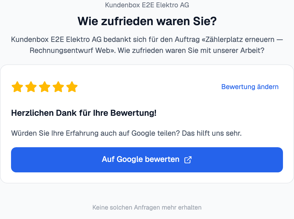 Die Bewertungsseite, die Ihre Kundschaft aus der E-Mail öffnet: fünf Sterne und der Weg zu Google
