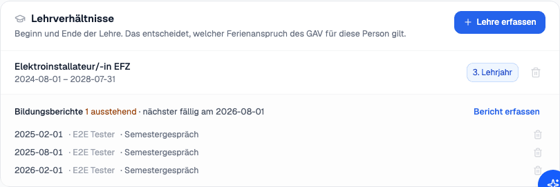 Das Lehrverhältnis auf der Anstellung, mit dem laufenden Lehrjahr und den erfassten Bildungsberichten