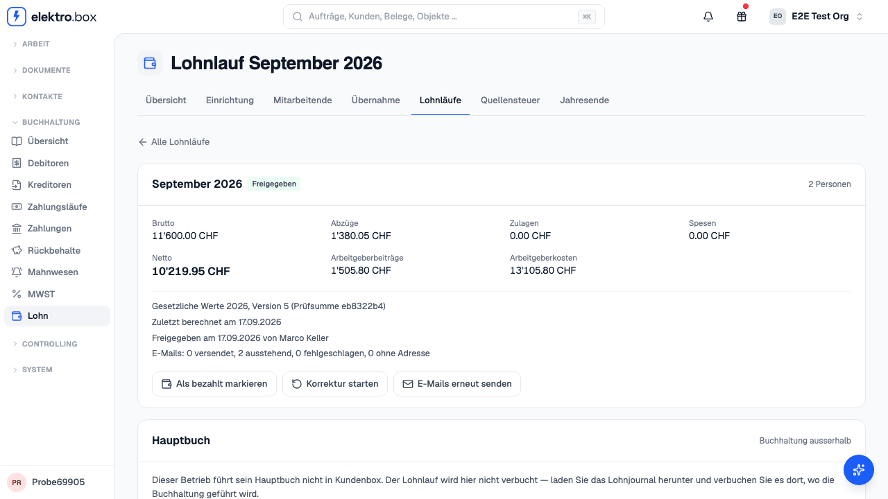 An approved payroll run for September 2026: gross pay, deductions, net pay and employer costs of the month for two people.