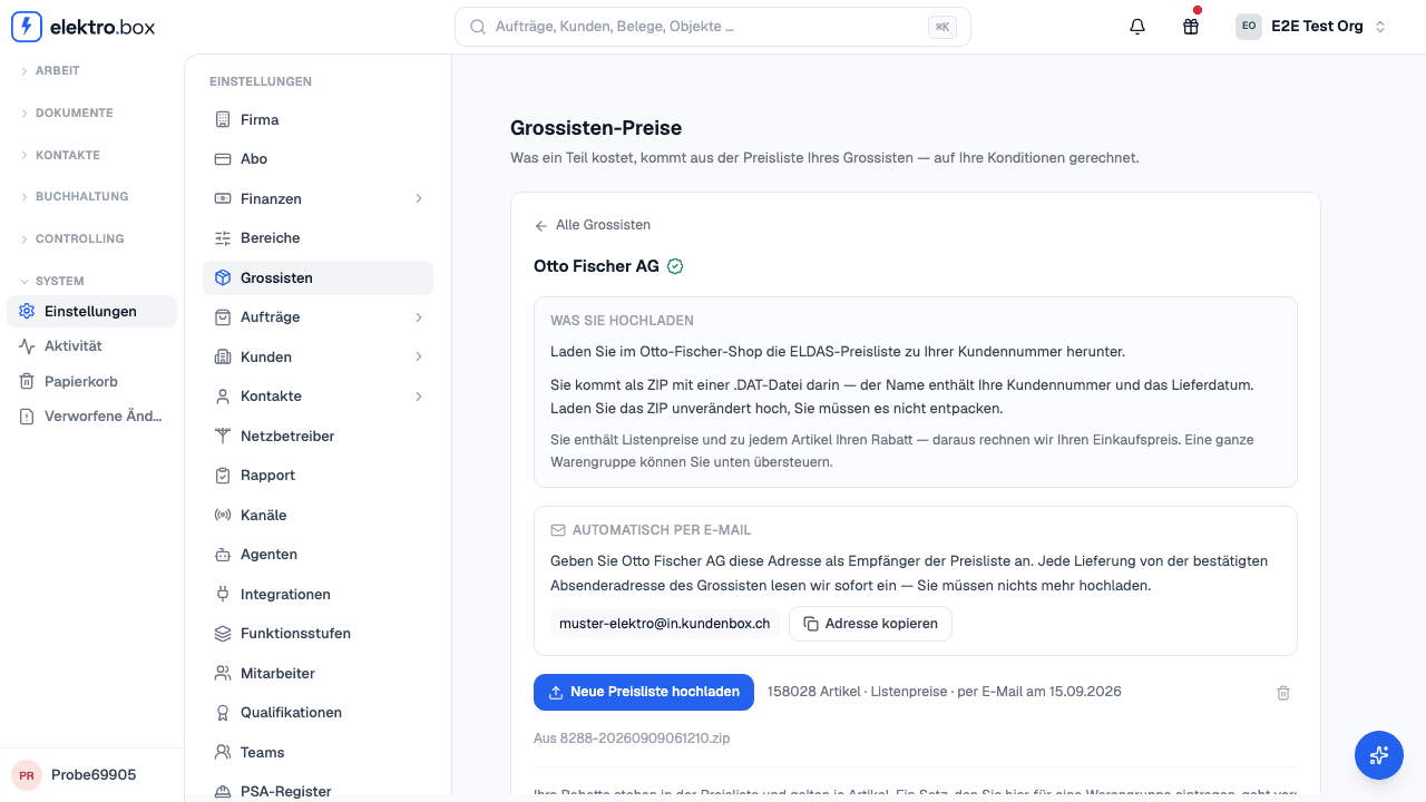 Die Grossisten-Preise von Otto Fischer mit der Eingangsadresse und einer Preisliste, die per E-Mail angekommen ist