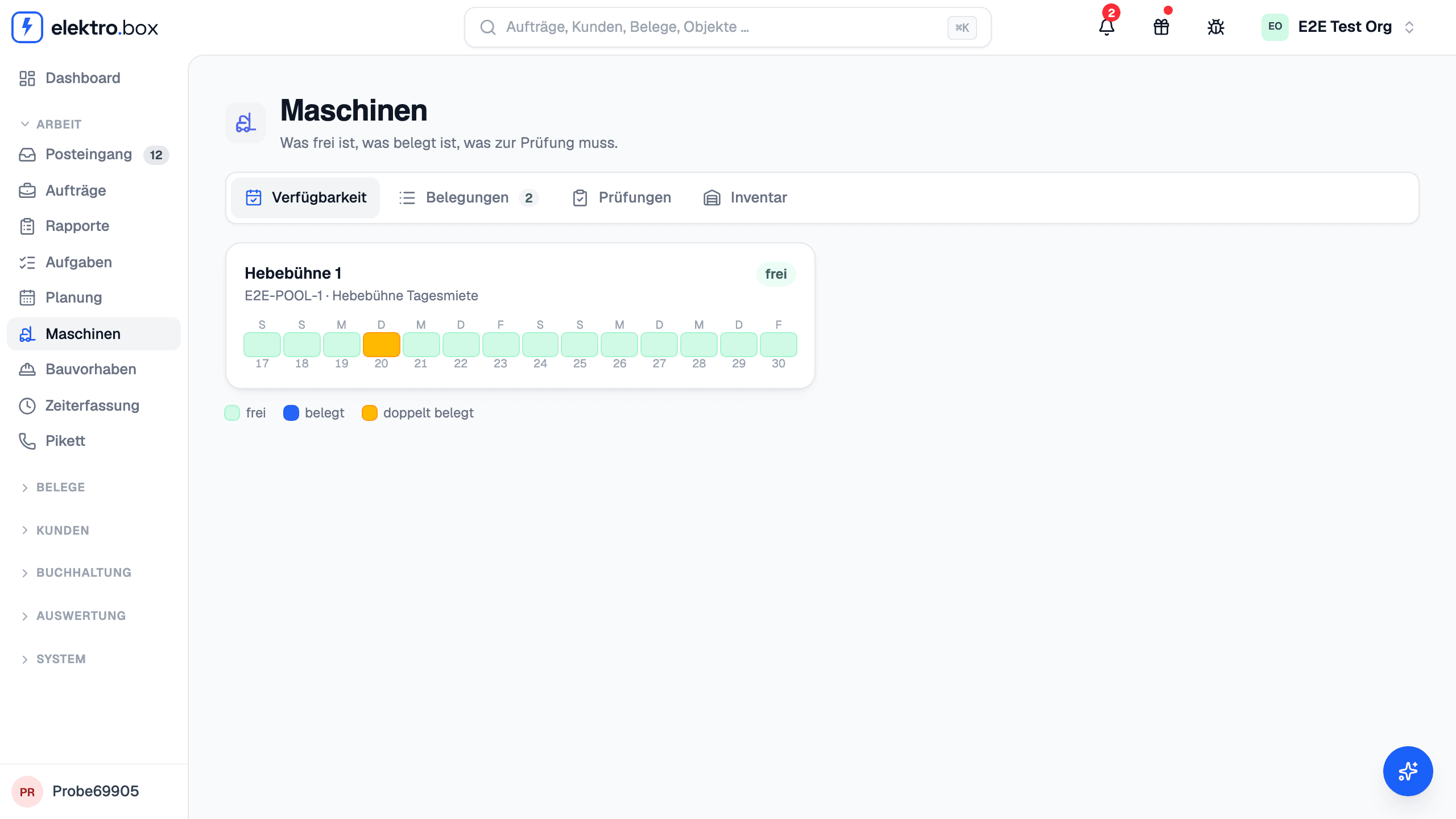 La pagina «Macchine» sulla scheda «Disponibilità»: una scheda per macchina con i prossimi 14 giorni, i giorni occupati segnalati.